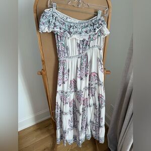 Boho Off-Shoulder Maxi Dress in White with Pink & Green Paisley